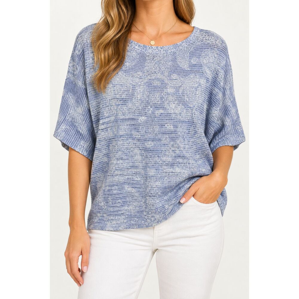 Sioni Womens M Blue Sequin Open Knit Short Sleeve Sweater Top Coastal Shimmer